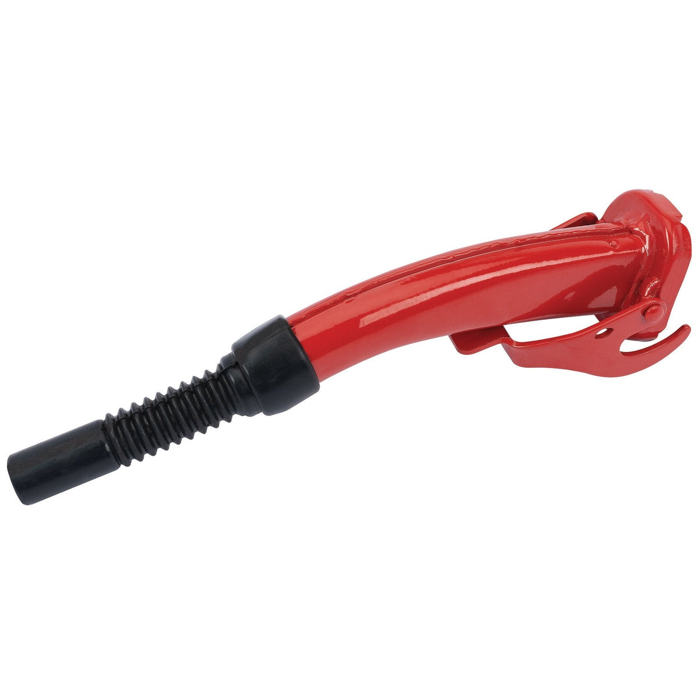 Draper Red Steel Spout For 10/20L Fuel Cans - SFC-SP-RED/C with a black hose attachment and a lever-action handle. For questions before ordering, please contact us for more information.