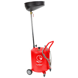 The TIGREN 50ltr Gravity Oil Drainer - SIP-08207 from SIP features a red oil drain tank with a black funnel, mounted on wheels for easy maneuvering in automotive garages. It is equipped with a hose and handle for efficient waste oil collection. This gravity oil drainer simplifies maintenance tasks, making it an essential tool for any garage.