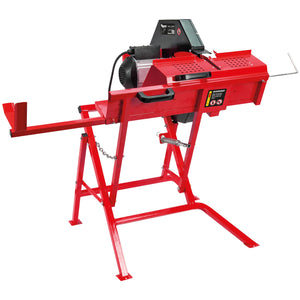 The TIGREN 16" Log Saw - SIP-08209 by SIP features a robust red wood log splitter machine with a powder-coated steel frame and an electric motor. It includes a log holder, a TCT saw blade for precision cutting, and a control panel with safety warnings.