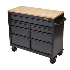 The Draper Bunker® 41" Workbench Roller Tool Cabinet in grey, with seven drawers, a wooden top, and a side handle, is crafted as a premium-quality steel unit.