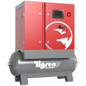 A gray and red industrial air compressor branded "SIP," the TIGREN VSDD 11kW 300ltr Screw Compressor - SIP-08219, features a digital control panel. This variable speed compressor includes a cylindrical tank at the bottom and a boxy upper section, designed for low noise operation and significant cost savings.