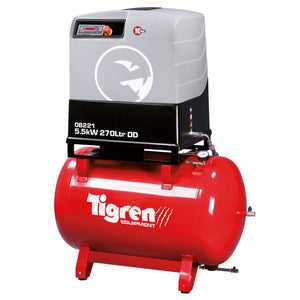 The SIP TIGREN DD 55kW 270Ltr Screw Compressor (model SIP-08221) features a red and gray design with a convenient control panel on top and the brand logo prominently displayed on the red tank. This direct-drive compressor is ideal for industrial applications.