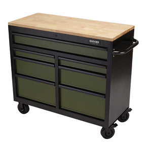 The Draper Bunker® Workbench Roller Tool Cabinet, 7 Drawer, 41", Green - B100-41GR is a premium-quality steel mobile tool chest featuring seven drawers and a handle on one side, supported by four caster wheels. This black and green unit also comes with a 10-year warranty.