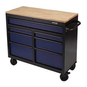 The Draper Bunker® Workbench Roller Tool Cabinet, a 41" blue mobile workbench with a wooden top, features a handle on the right side and seven drawers for tool storage.