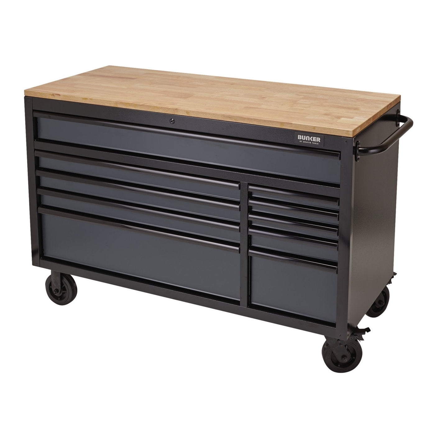 The Draper Bunker® Workbench Roller Tool Cabinet, 10 Drawer, 56", Grey - B100-56G is a versatile grey metal rolling tool chest with multiple drawers and a wooden top. Equipped with four caster wheels and a side handle, this durable steel tool cabinet also serves as a mobile workbench.