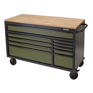 The Draper Bunker® Workbench Roller Tool Cabinet, 10 Drawer, 56", Green - B100-56GR is a premium-quality steel unit that features a green and black design with a wooden top, variously sized drawers, and a right-side handle. This mobile cabinet is conveniently on wheels for easy maneuverability.