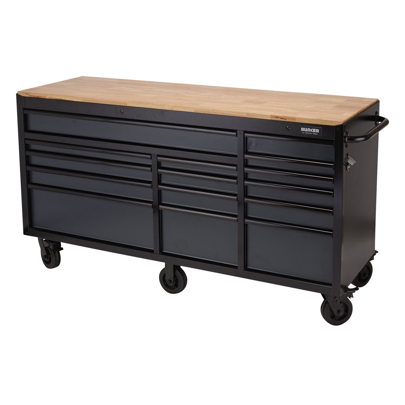 The Draper Bunker® Workbench Roller Tool Cabinet, 15 Drawer, 72", Grey - B100-72G is a premium-quality steel unit featuring multiple drawers, a hardwood worktop on top, and caster wheels for mobility.