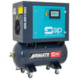 The SIP VSDD 2-2kW rotary screw compressor (10bar, 160ltr, 230v) by SIP, also known as the IP-08250 model, features a blue and black AIRMATE tank mounted on wheels, equipped with a control panel and a variable speed 2.2kW motor.