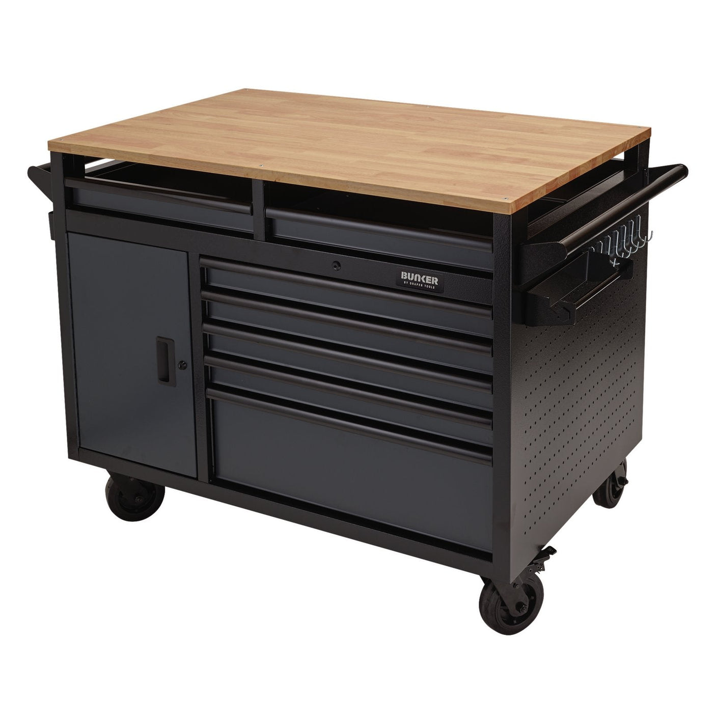 The Draper Bunker® Multi-Functional Workbench Roller Tool Cabinet, 14 Drawer, 48", Grey - B100-48MTG features a wooden top, metal drawers, a cabinet door, a side handle, hooks, and durable caster wheels. Perfect for tool storage.