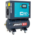 The SIP VSDD 4kW 10bar 160ltr 230v Rotary Screw Compressor (IP-08252) features a blue and black body on wheeled legs. This variable speed direct drive unit is equipped with a digital control panel and prominently displays the SIP branding.