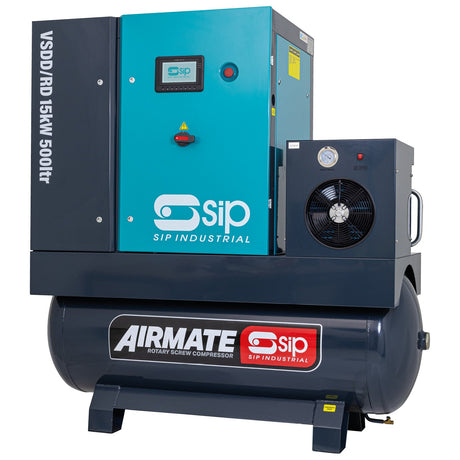 The SIP VSDD/RD 15kW 8bar 500ltr 400v Rotary Screw Compressor with Dryer (IP-08267) is a direct drive rotary screw compressor featuring a 500L tank, a powerful 15 kW output, and an integrated digital display panel.