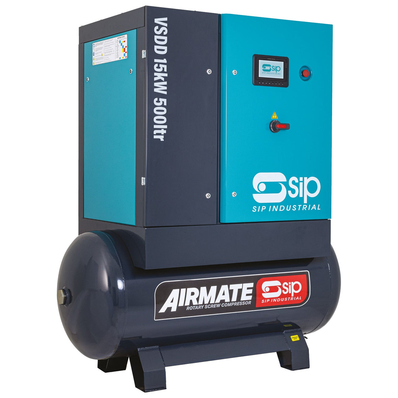 Image of the SIP VSDD 15kW 10bar 500ltr 400v Rotary Screw Compressor, model IP-08268 by SIP Industrial. The machine features a blue and grey casing with control buttons and a display on the front panel.