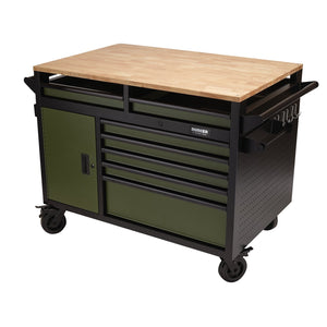 Introducing the Draper Bunker® Multi-Functional Workbench Roller Tool Cabinet, a green 48-inch mobile workbench with a premium-quality steel cabinet, wooden top, 14 drawers for tool storage, hooks, and caster wheels.