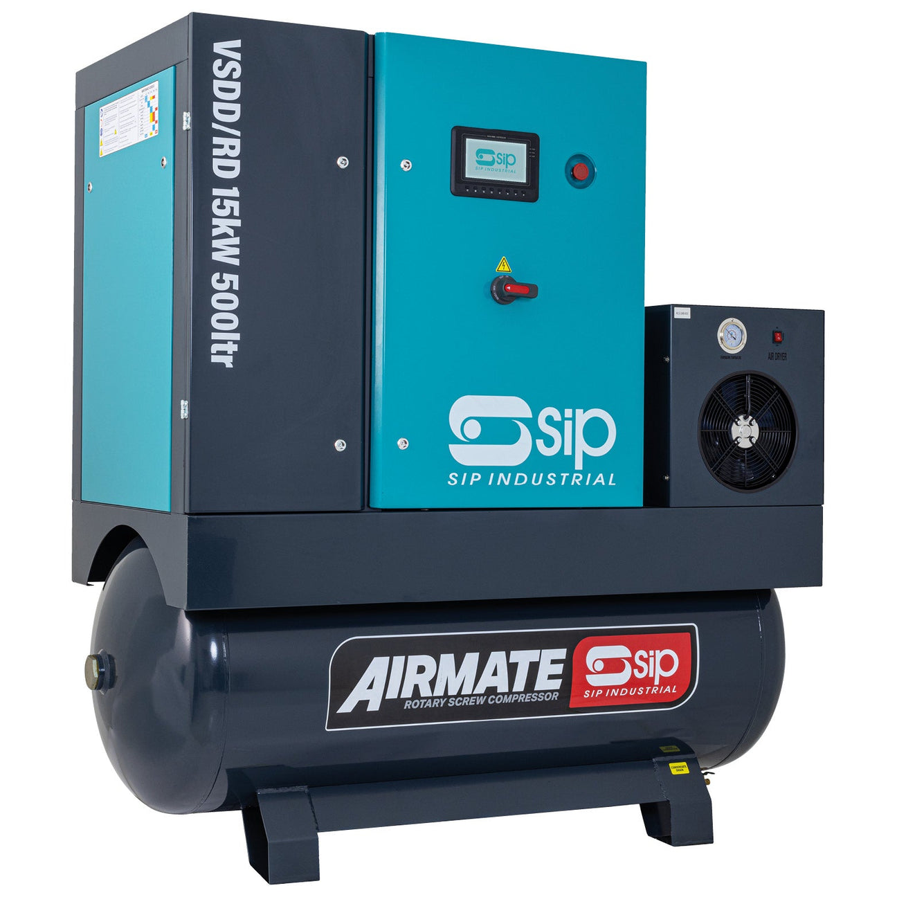 The SIP VSDD/RDF 15kW 8bar 500ltr Rotary Screw Compressor with Dryer & Filter (IP-08274) from SIP - PREORDER is a variable speed model featuring an integrated refrigerated dryer. This teal and black compressor includes control panels and a small display screen, making it efficient and user-friendly.