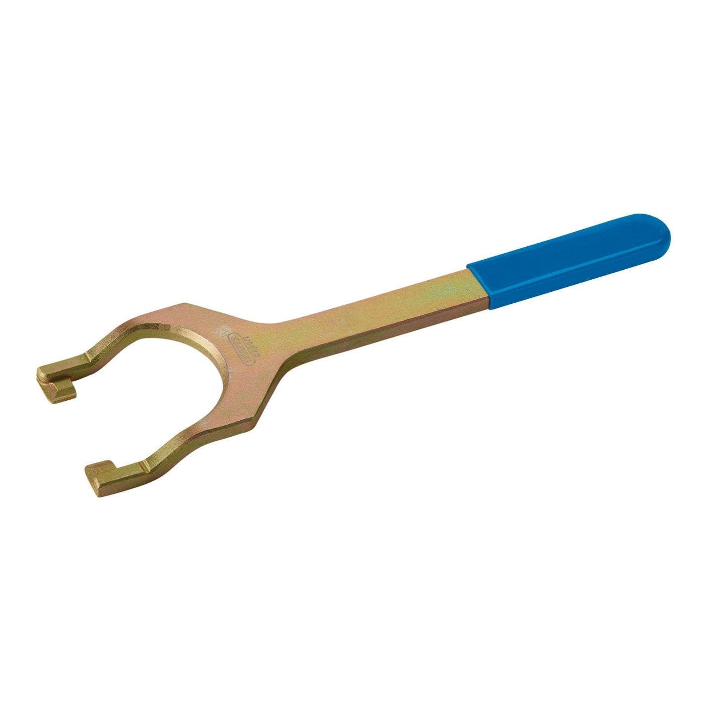 The Draper Expert Driveshaft Extractor Fork, 390mm - DEF82, is a metal tool with a u-shaped opening on one end and a blue rubber grip on the other end, featuring a hardened steel lever for enhanced durability.