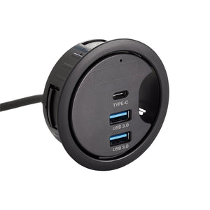 The Draper 3-Port In-Desk USB 3.0 Hub (AMS400-USB) features a round black design with a USB Type-C port and two USB A slots, ensuring fast data transfer and efficient performance as a handy desktop grommet.