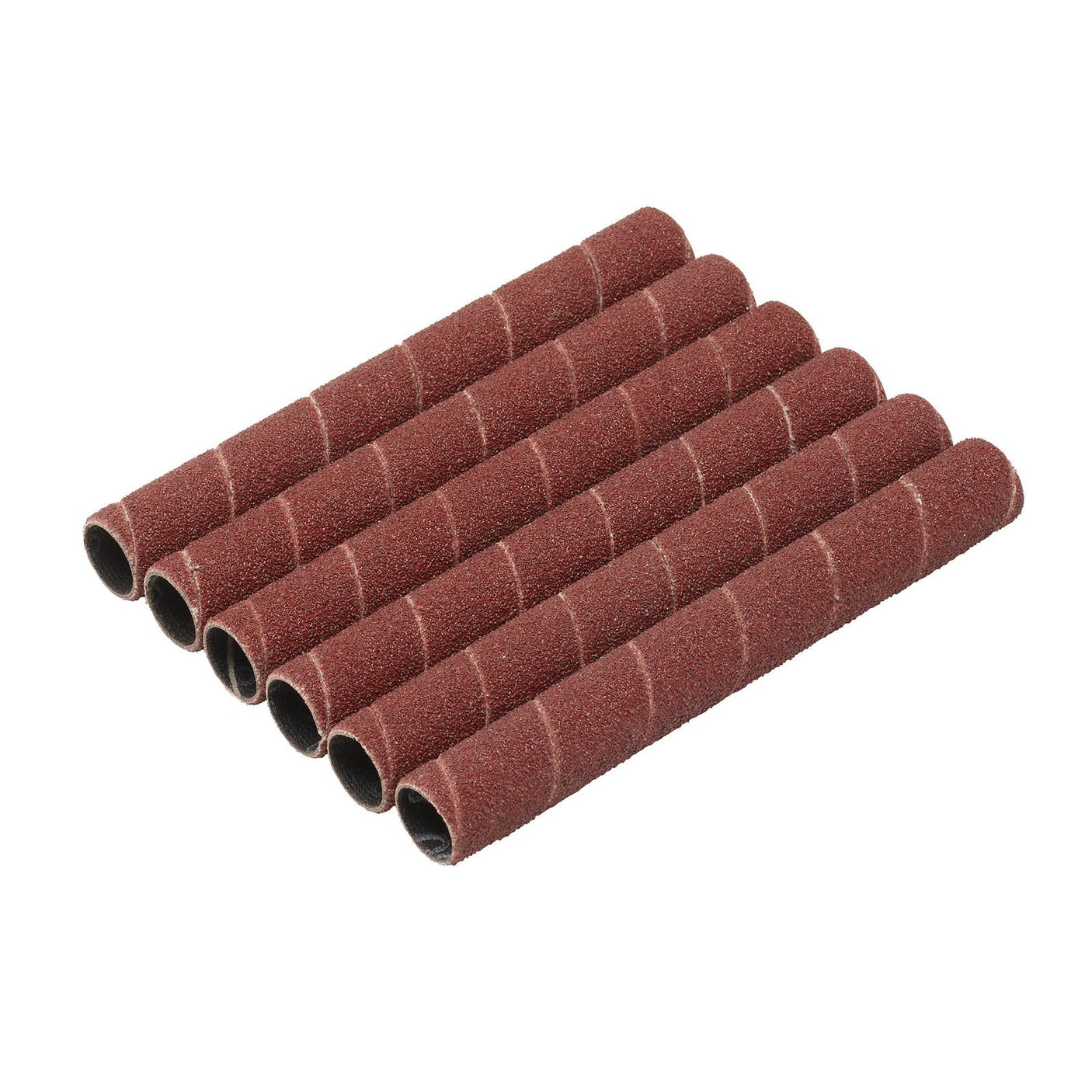 A pack of six Draper Aluminium Oxide Sanding Sleeves (12.7 X 115mm, 80 Grit) with a coarse, reddish-brown surface, arranged in a row.