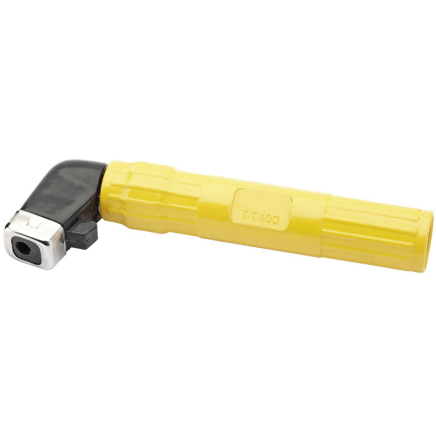 An L-shaped, yellow and black electrical connector imprinted with "T-499" on its side, designed for use with electrodes, identified as the Draper Twist-Grip Electrode Holders, ARCEL02.