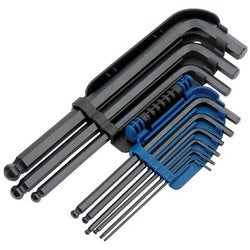 The Draper Metric Hexagon And Ball End Hexagon Key Set (9 Piece) - HB9MM includes a set of black and blue hexagon keys (Allen wrenches) in various sizes, crafted from durable chrome vanadium steel. The keys feature ball type hexagon tips and come organized in two plastic holders for easy access.