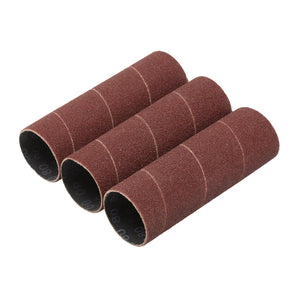 Three Draper Aluminium Oxide Sanding Sleeves, measuring 38 x 115mm and with an 80 grit rating, are neatly arranged in a row.