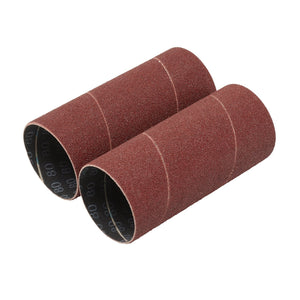 Two Draper 50 X 115mm sanding sleeves feature a coarse, brown aluminium oxide abrasive surface, marked with "80" grit level. Ideal for use on spindle sanders, the pack includes two sleeves (Product Code: SSAO5).