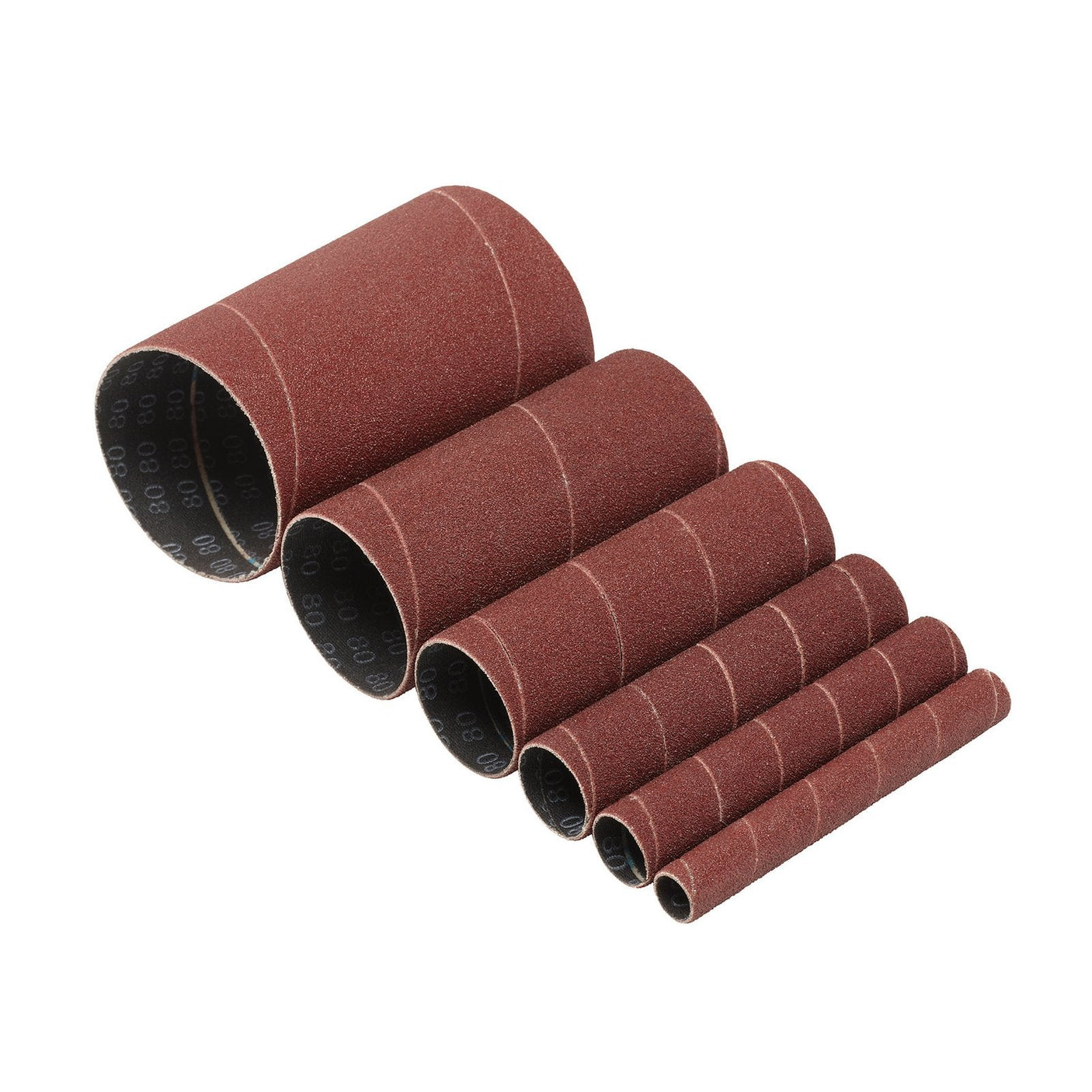 A set of six brown Draper Assorted Aluminium Oxide Sanding Sleeves, 115mm, 80 Grit (Pack Of 6) - SSAO7, expertly arranged in descending size order from left to right—ideal for spindle sanders.