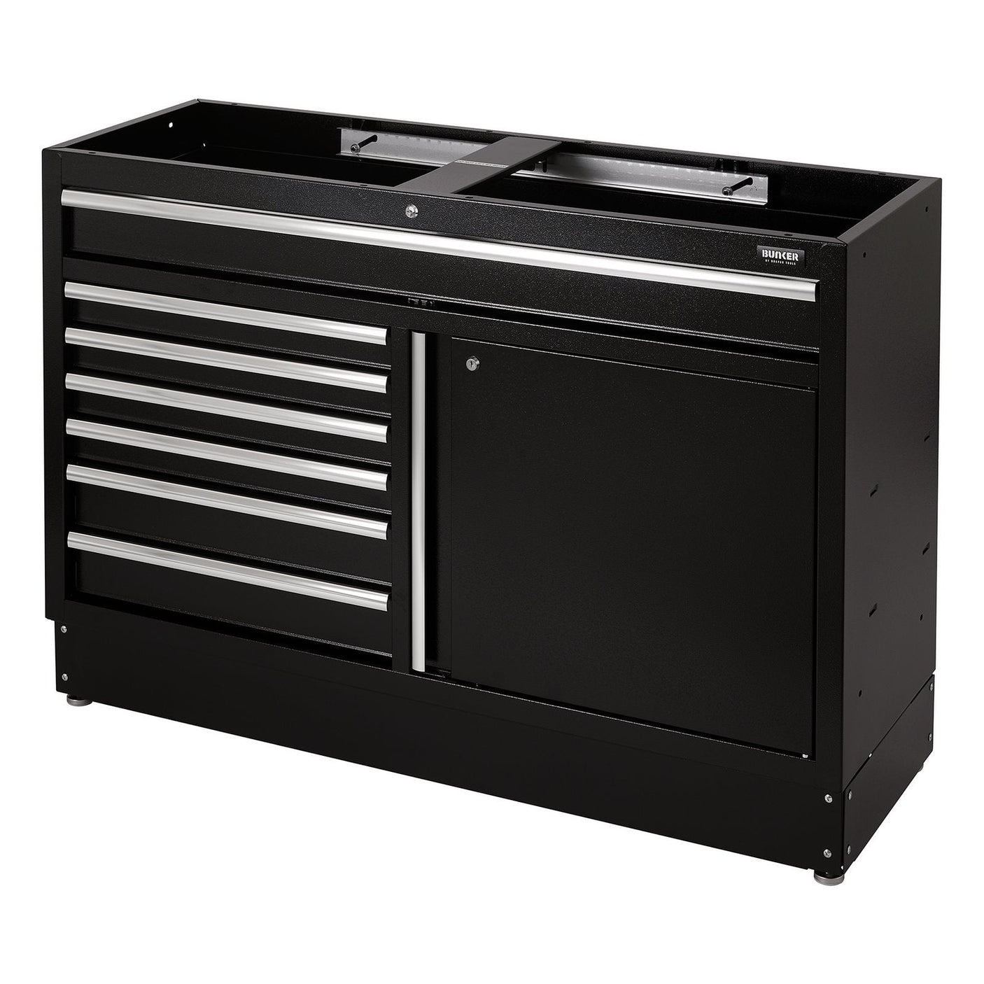 The Draper Bunker® Modular Floor Cabinet, MS400-7BU54, is a premium-quality black steel unit featuring a stainless steel strip design with seven drawers. This innovative cabinet is part of the Draper BUNKER modular storage system.