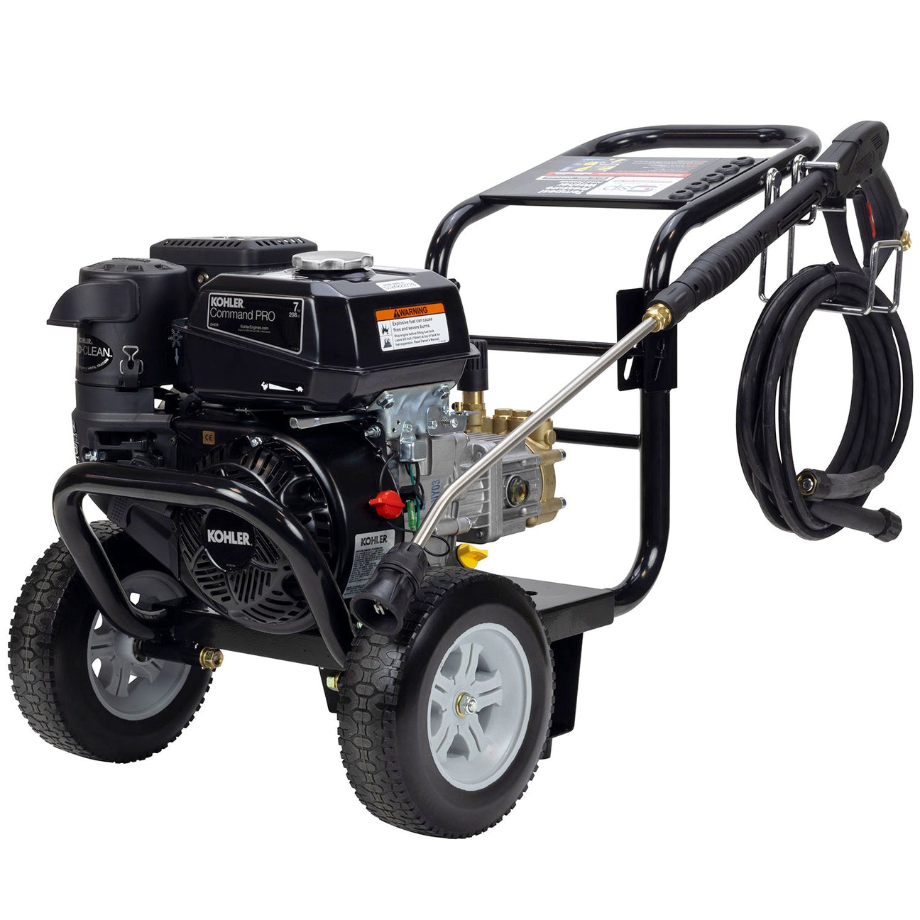 The SIP - TEMPEST PP570/150WM Kohler Pressure Washer (SIP-08442), by SIP, features a KOHLER engine, heavy-duty frame, wheels, and an attached hose and spray gun. It is equipped with a Quad Clean air cleaner for superior performance.