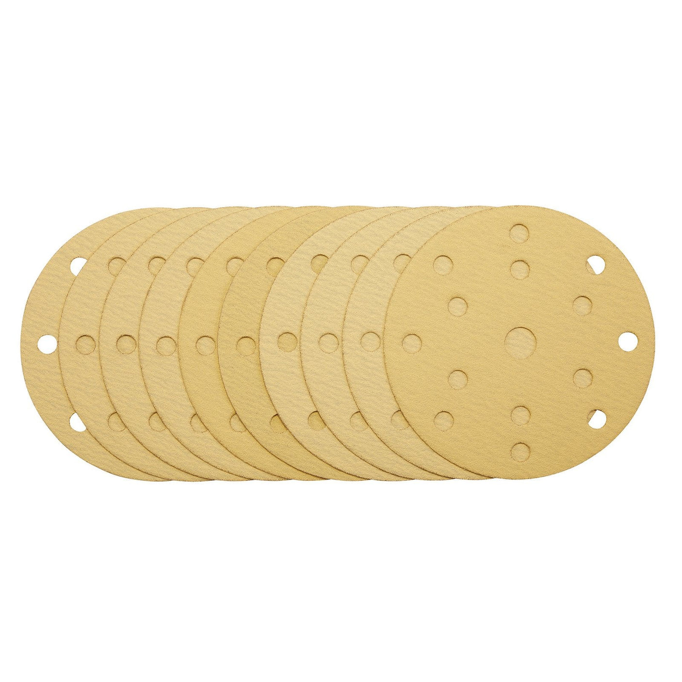 A pack of ten Draper Gold Sanding Discs with Hook & Loop, 150mm in diameter, 120 grit, featuring 15 dust extraction holes is shown against a white background.