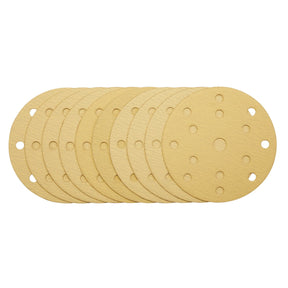 A pack of ten Draper Gold Sanding Discs with Hook & Loop, 150mm in diameter, 120 grit, featuring 15 dust extraction holes is shown against a white background.