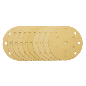 A pack of ten Draper Gold Sanding Discs with Hook & Loop, 150mm in diameter, 120 grit, featuring 15 dust extraction holes is shown against a white background.