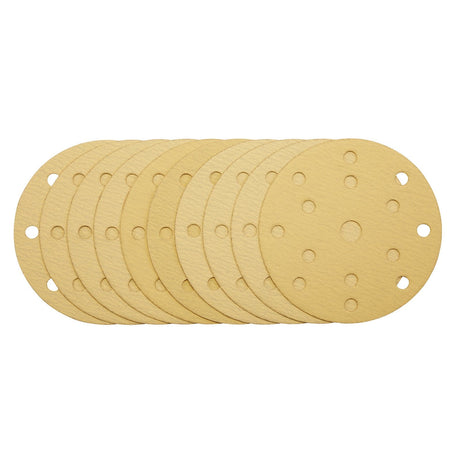 Draper Gold Sanding Discs With Hook & Loop, 150mm, 120 Grit, 15 Dust Extraction Holes (Pack Of 10) - SDHLG150 - Farming Parts