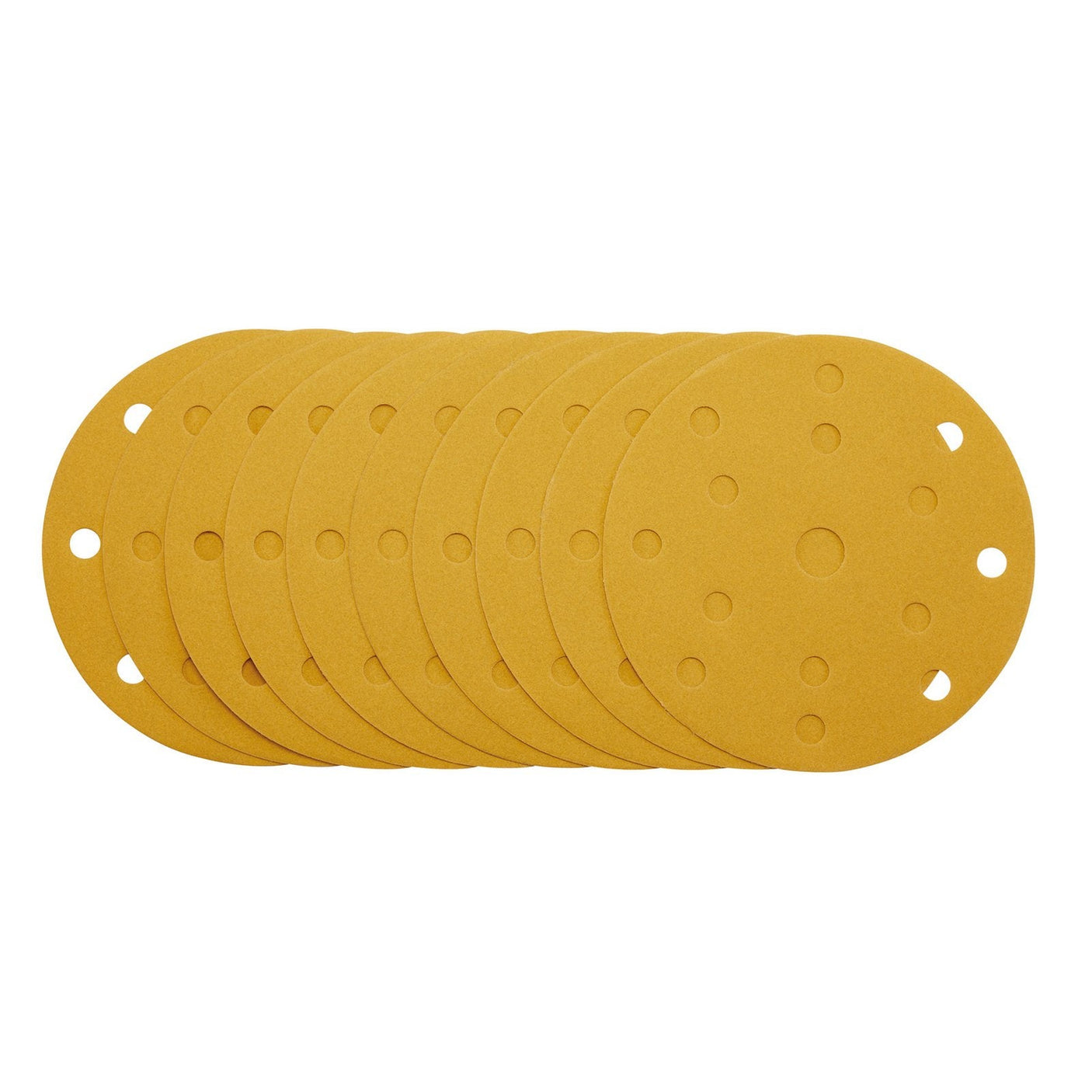 A pack of Draper Gold Sanding Discs With Hook & Loop, size 150mm and 240 grit, featuring a round yellow sandpaper design and 15 dust extraction holes arranged in a pattern for superior anti-clogging performance. The hook and loop backing ensures easy attachment and removal.