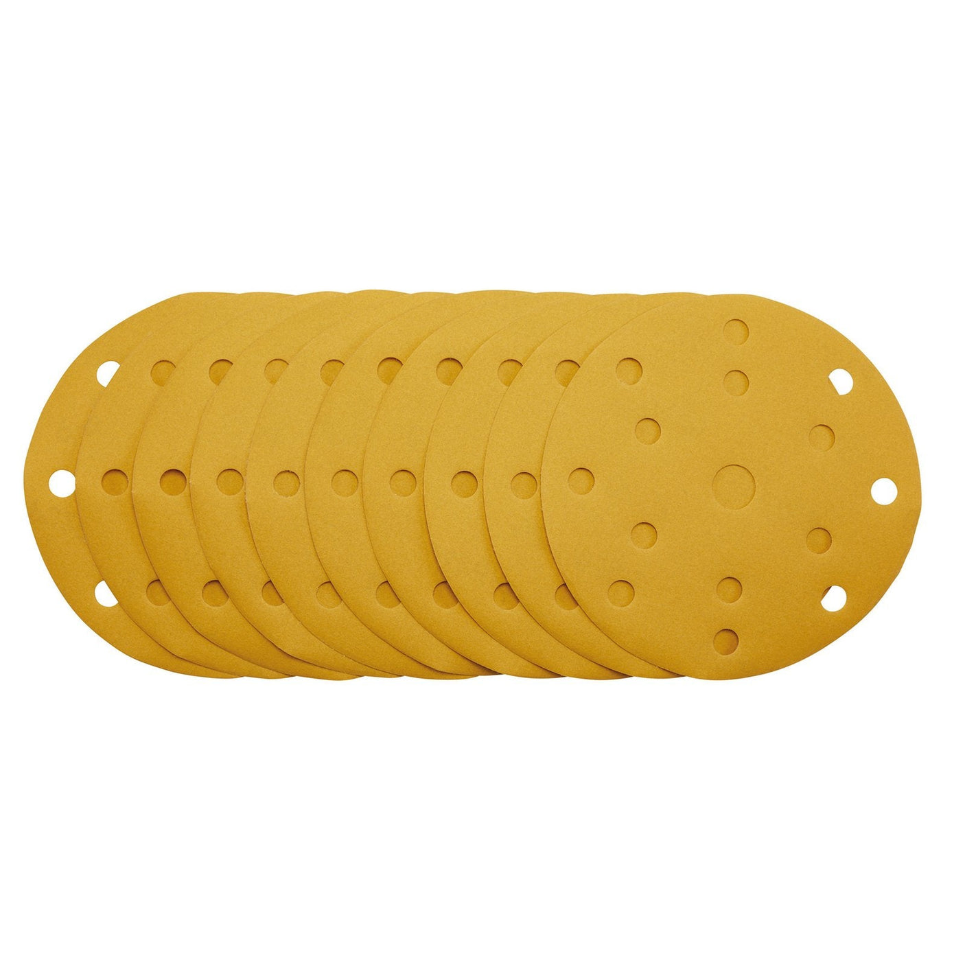 Pack of ten Draper Gold 150mm, 320 Grit sanding discs with hook & loop attachment and 15 dust extraction holes, ideal for random orbit sanders.