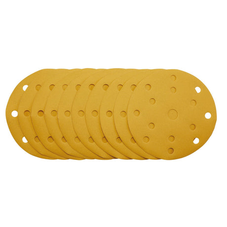Draper Gold Sanding Discs With Hook & Loop, 150mm, 320 Grit, 15 Dust Extraction Holes (Pack Of 10) - SDHLG150 - Farming Parts