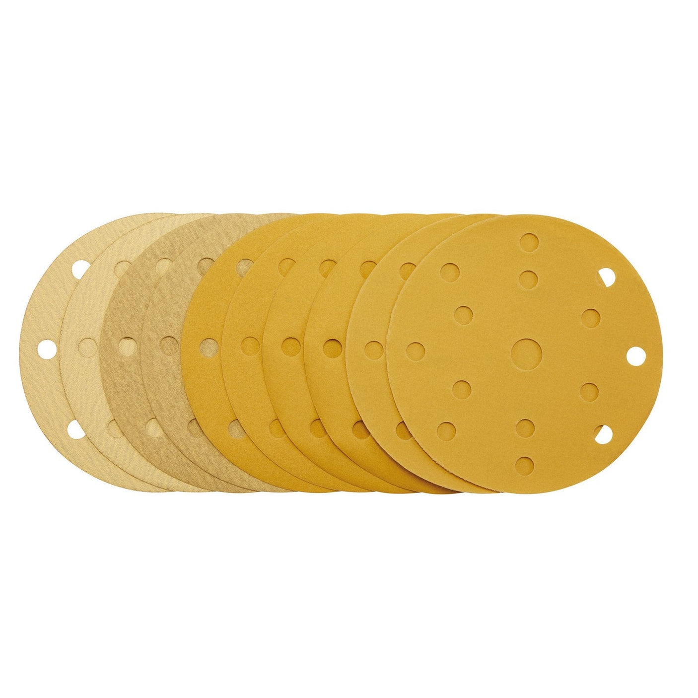 A pack of Draper Gold Sanding Discs With Hook & Loop, 150mm, featuring 15 dust extraction holes and available in assorted grits of 120G, 180G, 240G, 320G, and 400G. These discs are displayed in various shades of brown and tan and are designed to deliver excellent anti-clogging performance for random orbit sanders.