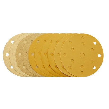 Draper Gold Sanding Discs With Hook & Loop, 150mm, Assorted Grit - 120G, 180G, 240G, 320G, 400G, 15 Dust Extraction Holes (Pack Of 10) - SDHLG150 - Farming Parts