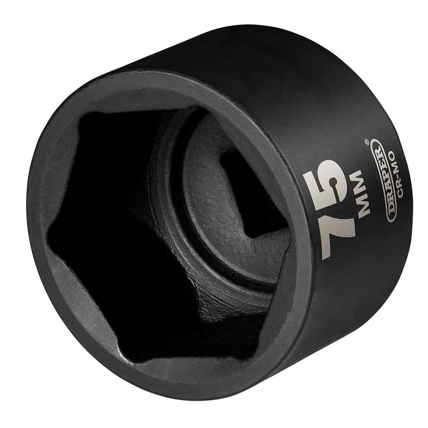 A black 75mm Draper Hi-Torq® Impact Socket with a hexagonal interior, "Draper" branding, and made from durable chrome molybdenum steel.