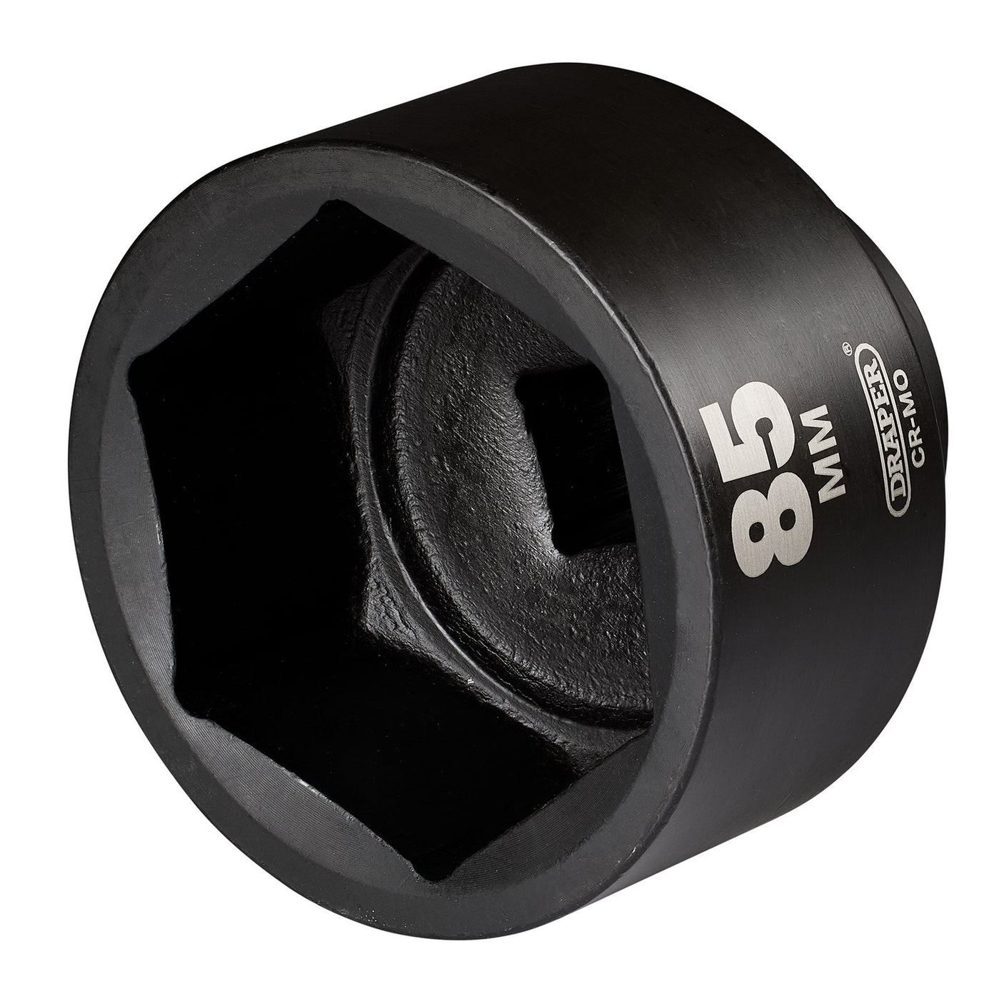 The Draper Hi-Torq® Impact Socket, measuring 85mm with a 1" square drive (model number 08506), is constructed from robust Cr-Mo steel and features a six-point hexagonal opening. It's labeled "85 MM" and "CR-MO," making it perfect for impact socket applications.