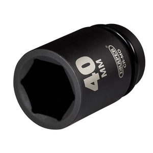 A Draper Hi-Torq® Deep Impact Socket, 1" Sq. Dr., 40mm - 425D-MM, features a sleek black finish and a six-point design. Labeled "40 MM" and "CR-MO," it is crafted from hardened chrome molybdenum steel, making it ideal for use with electric or pneumatic impact wrenches.