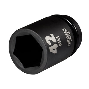 Image shows a 42 mm Draper Hi-Torq® Deep Impact Socket with a black finish, crafted from durable chrome molybdenum steel, and white markings indicating its size and the brand name Draper.