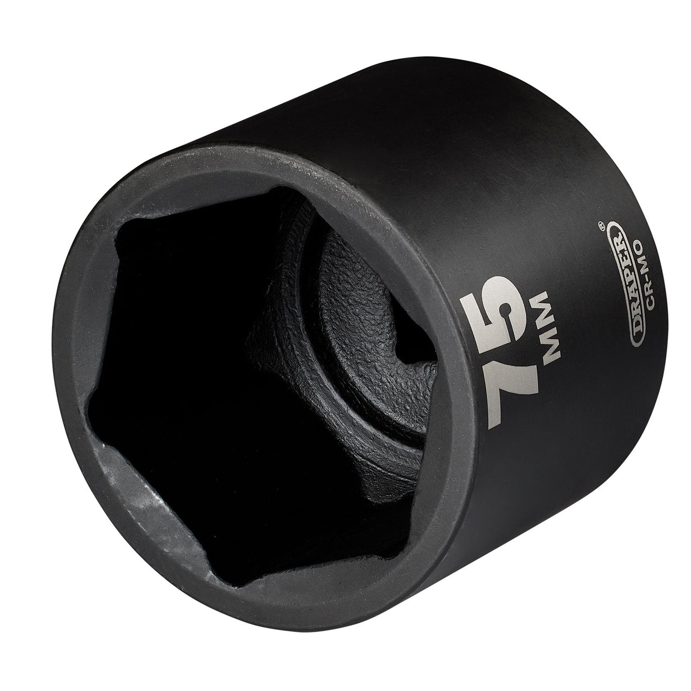 A black Draper Hi-Torq® Deep Impact Socket with a 1" square drive and a 75mm length, made from durable chrome molybdenum steel. It features "Draper" and "CRV MO" marked on the side and has a hexagonal opening for gripping bolts or nuts. Model: 425D-MM.