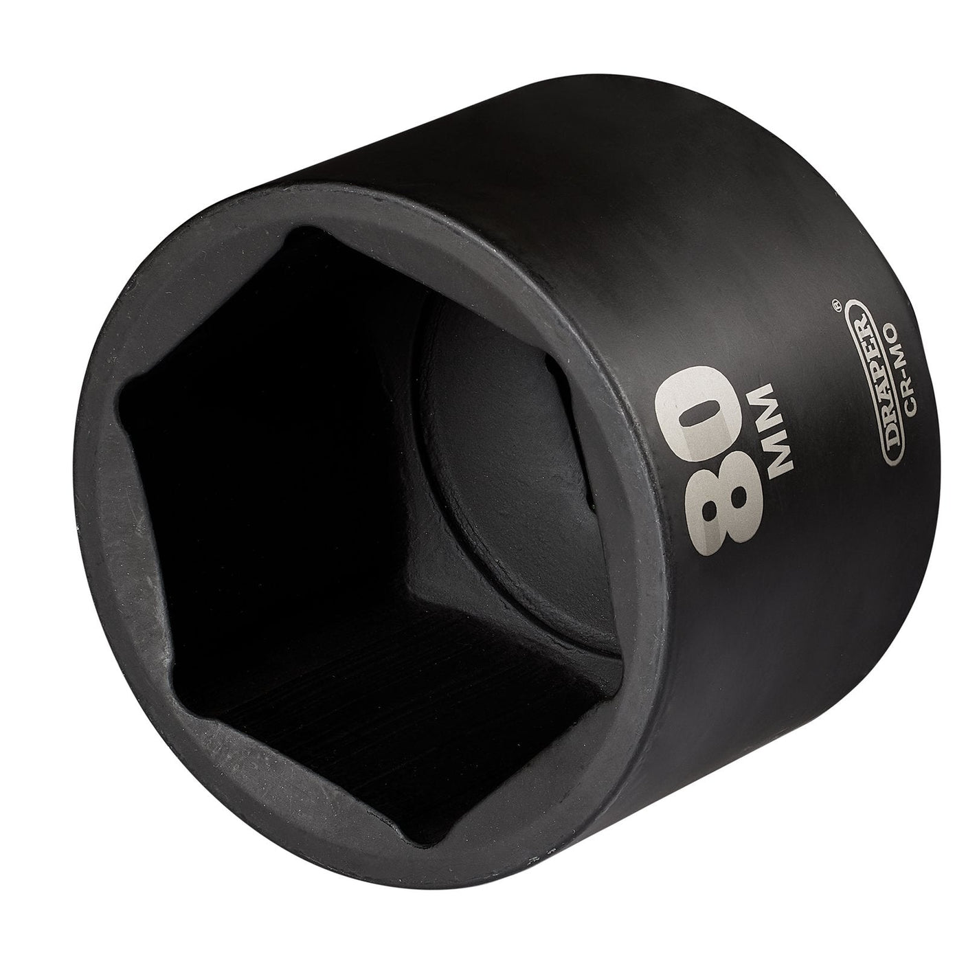 A Draper Hi-Torq® Deep Impact Socket, 1" Sq. Dr., 80mm - 425D-MM, featuring the "Draper CR-MO" logo and made from chrome molybdenum steel, is visible on the side. Perfect for use with electric or pneumatic impact wrenches.