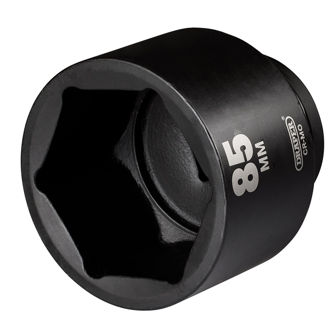 A Draper Hi-Torq® Deep Impact Socket, 1" Sq. Dr., 85mm - 425D-MM, boasting a hexagonal opening and constructed from durable chrome molybdenum steel.