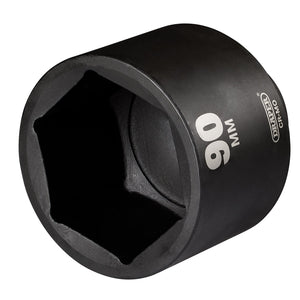 A black 90 mm Draper Hi-Torq® Deep Impact Socket with a hexagonal opening, constructed from durable chrome molybdenum steel, features white printed text markings on its side.