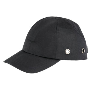 The Draper Safety Bump Cap, 58-62Cm - BMPC2, features black fabric and metal eyelets on the side, designed to meet EN812 specifications for lightweight head protection, making it a practical safety bump cap.