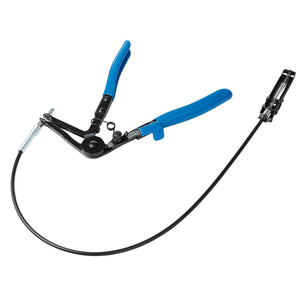 The Draper Hose Clip Removal Tool Set, 18-54mm - HCRS1, features a flexible cable, blue handles, and a locking mechanism, making it ideal for removing and installing hose clamps in automotive or mechanical applications.