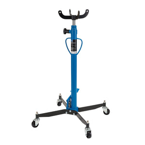 The Draper Vertical Transmission Jack, 500Kg - TJ500B, features a blue hydraulic lifting mechanism mounted on a wheeled base and includes black adjustable arms. It operates via a foot pedal for effortless lifting and is equipped with an overload safety valve for added protection.