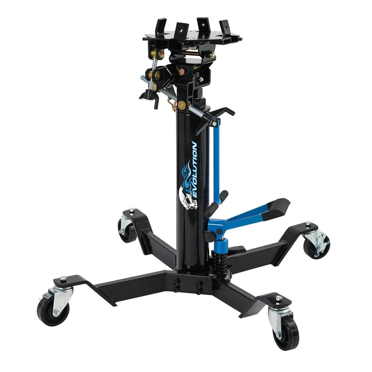 The Draper Expert Evolution Vertical Transmission Jack, 500kg - TJ500EVO from Draper is a heavy-duty hydraulic transmission jack featuring a black and blue design and mounted on casters for mobility.