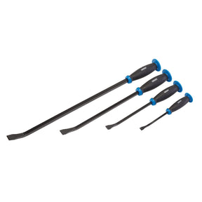 The Draper Soft Grip Pry Bar Set (4 Piece) - PB/SET/SGC features four pry bars made from chrome vanadium steel, with black bars and blue and black soft grip handles, arranged in descending order of size from left to right.